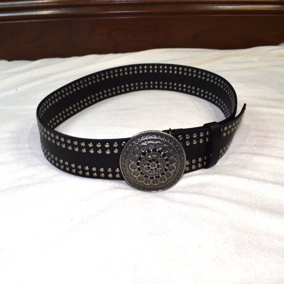 Black Studded Lambskin Leather Wide Belt Round Buckle Women’s XL - Picture 9 of 10